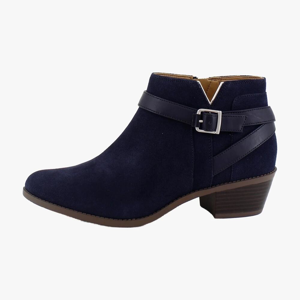 Vionic Farrah Navy Suede Ankle Boots Booties Buckle NIB Women’s size 7.5 W